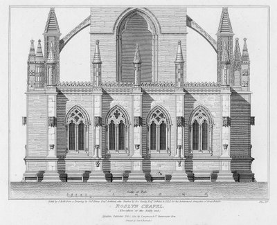 Roslyn Chapel, elevatie van de oostkant, gegraveerd door J. Roffe, 1811 door James Elmes